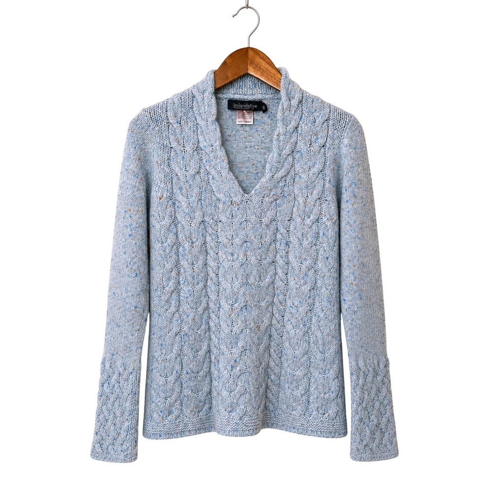 Irelandseye Wool Cashmere Cable Knit Sweater Womens S Blue Donegal Ireland NEW
